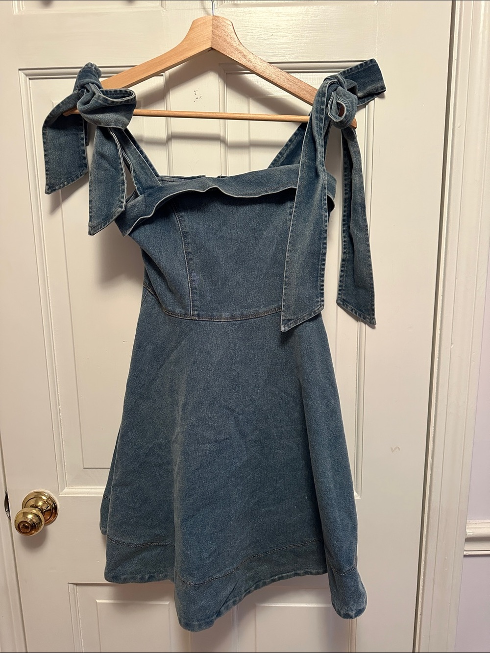 Denim Tie-Shoulder Sundress in Washed Blue